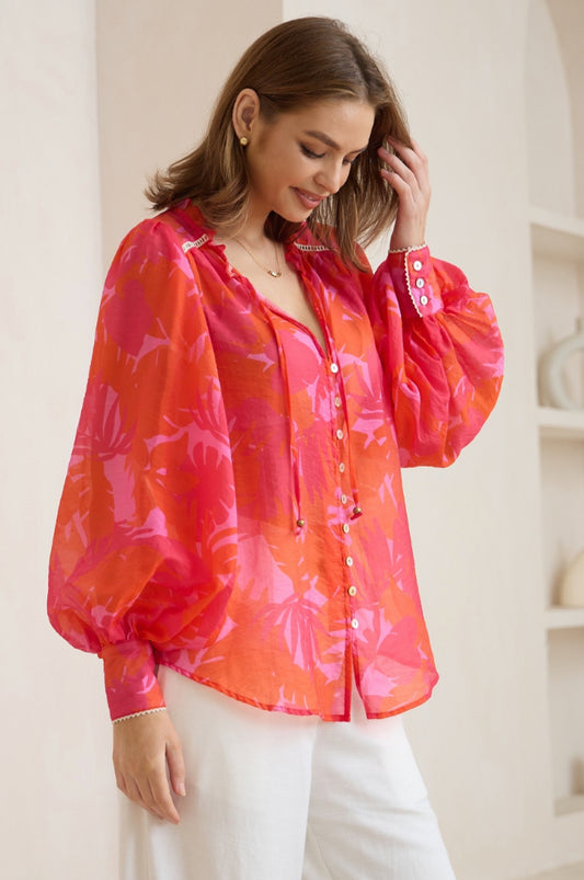 Panama Red and Pink Floral Blouse