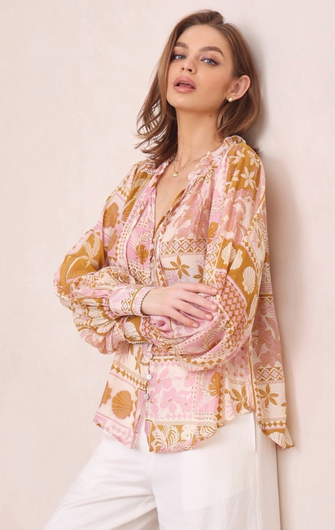 Panama Tan/Pink Block Print Blouse