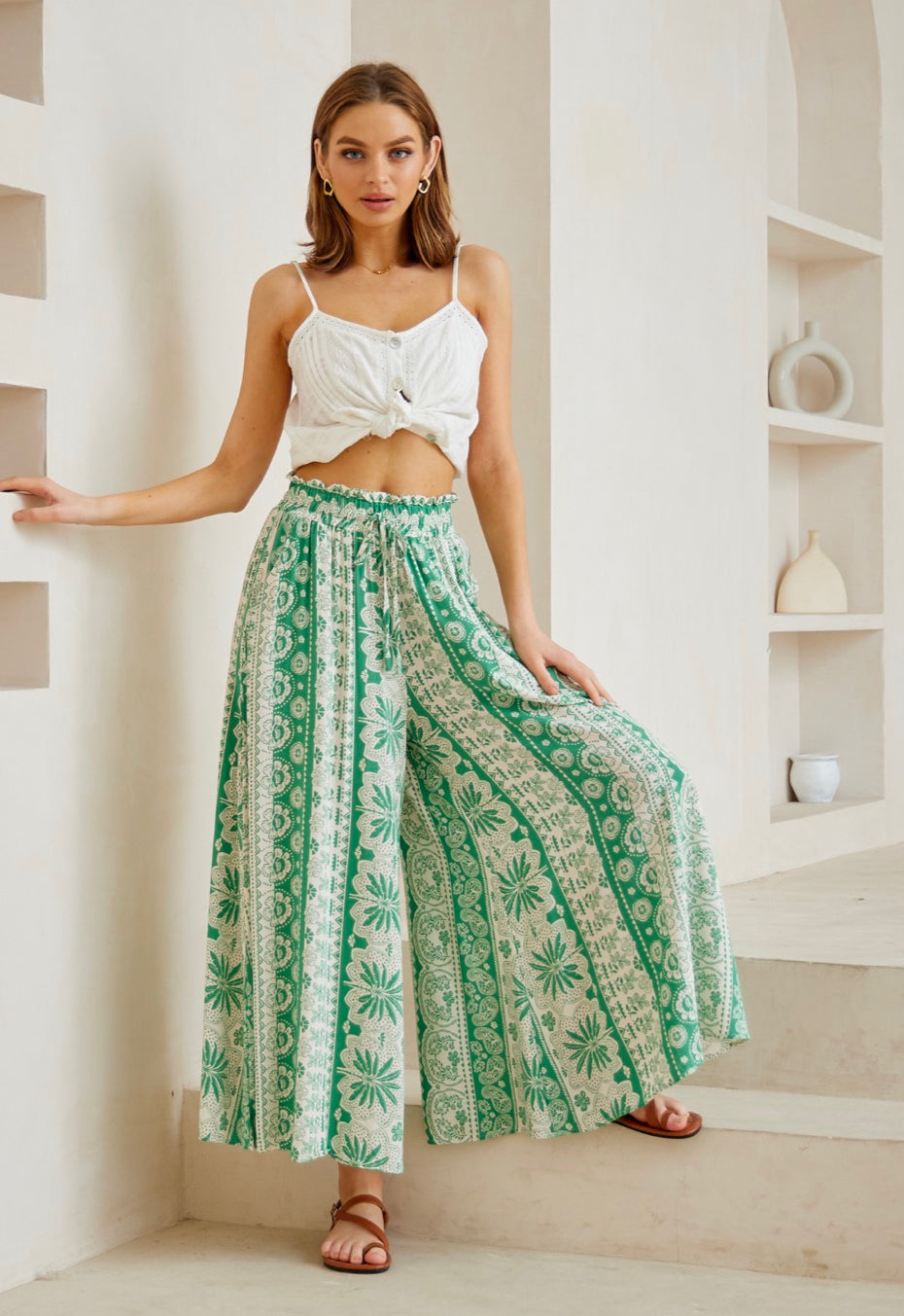 Panama Green/White Palm  Print Palazzo Pants