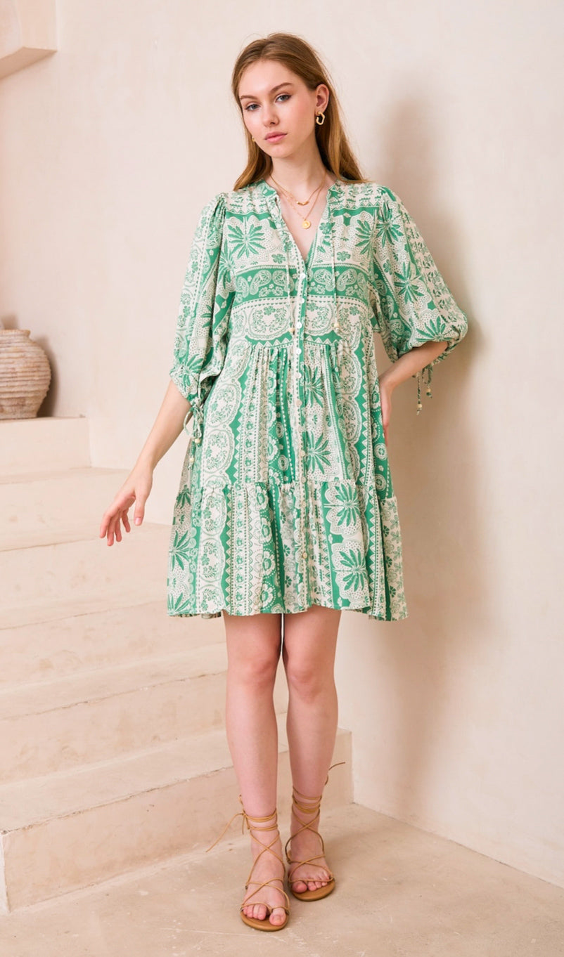 Belinda Green/White Palm Print Mini Dress