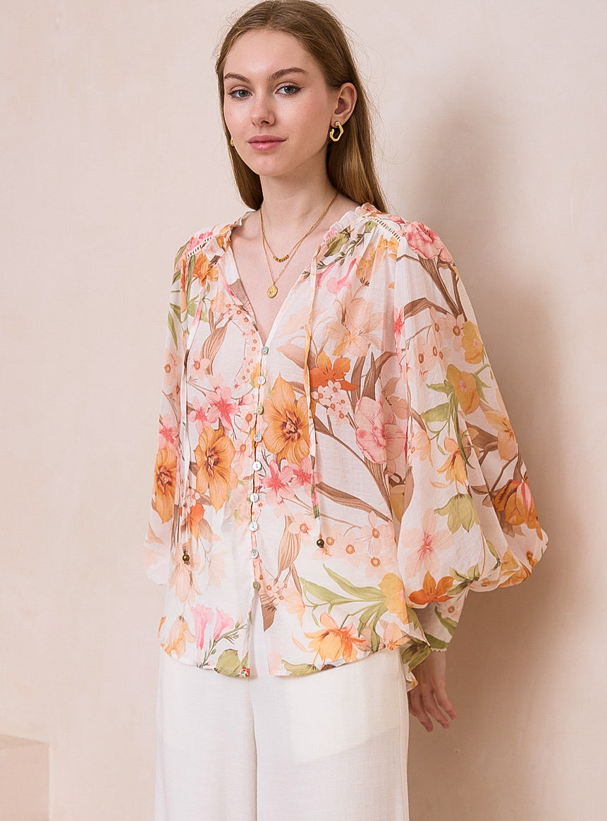 Panama Pink/Green/OrangeFloral Print Blouse