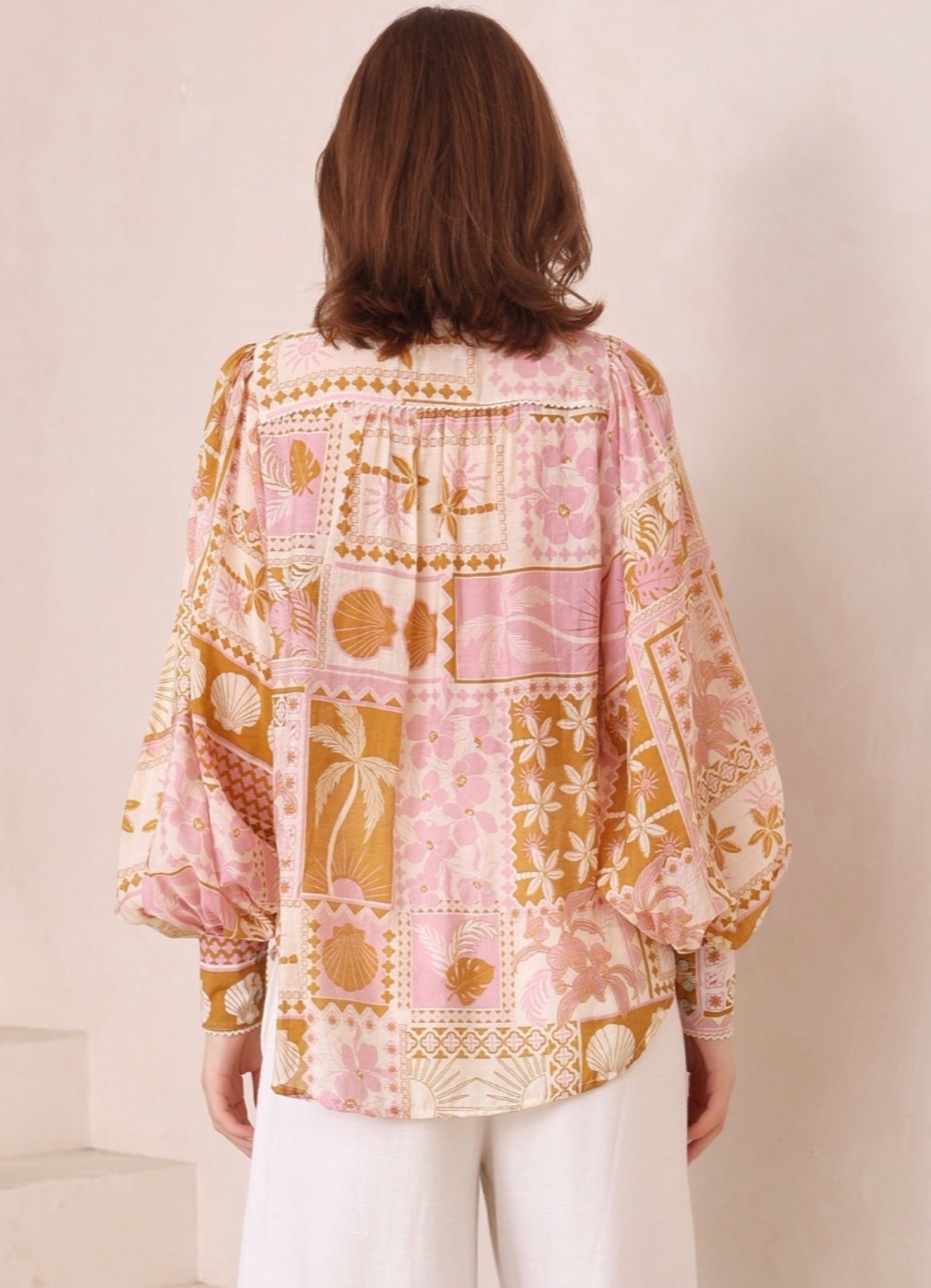 Panama Tan/Pink Block Print Blouse