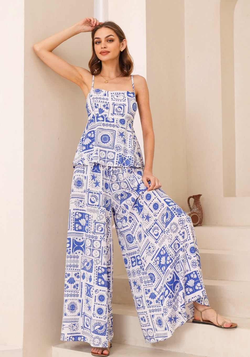 Seaside Blue/White  Print Palazzo Pants