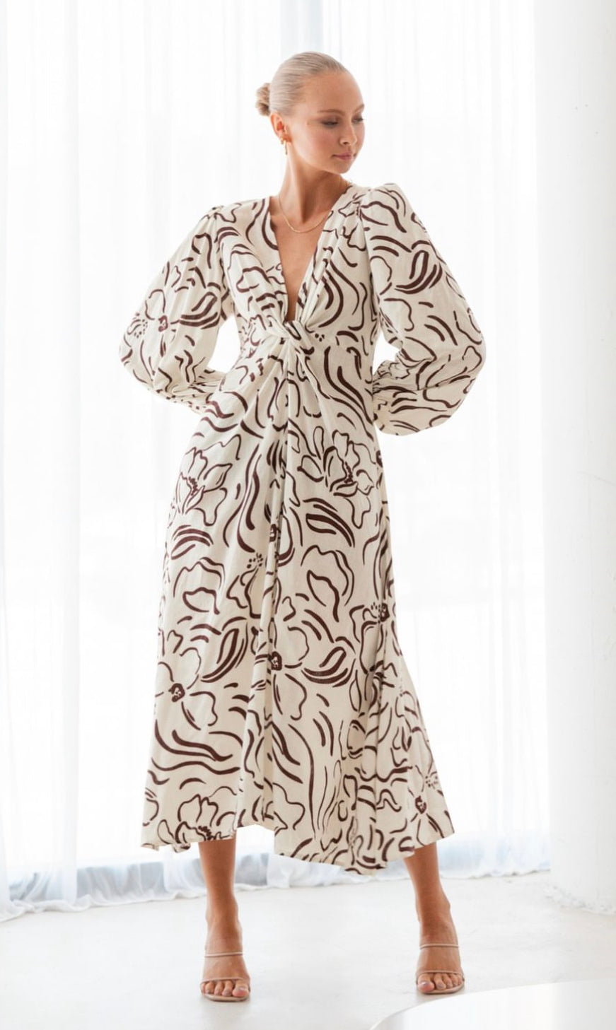 Chloe Twist Beige and Chocolate Linen Dress